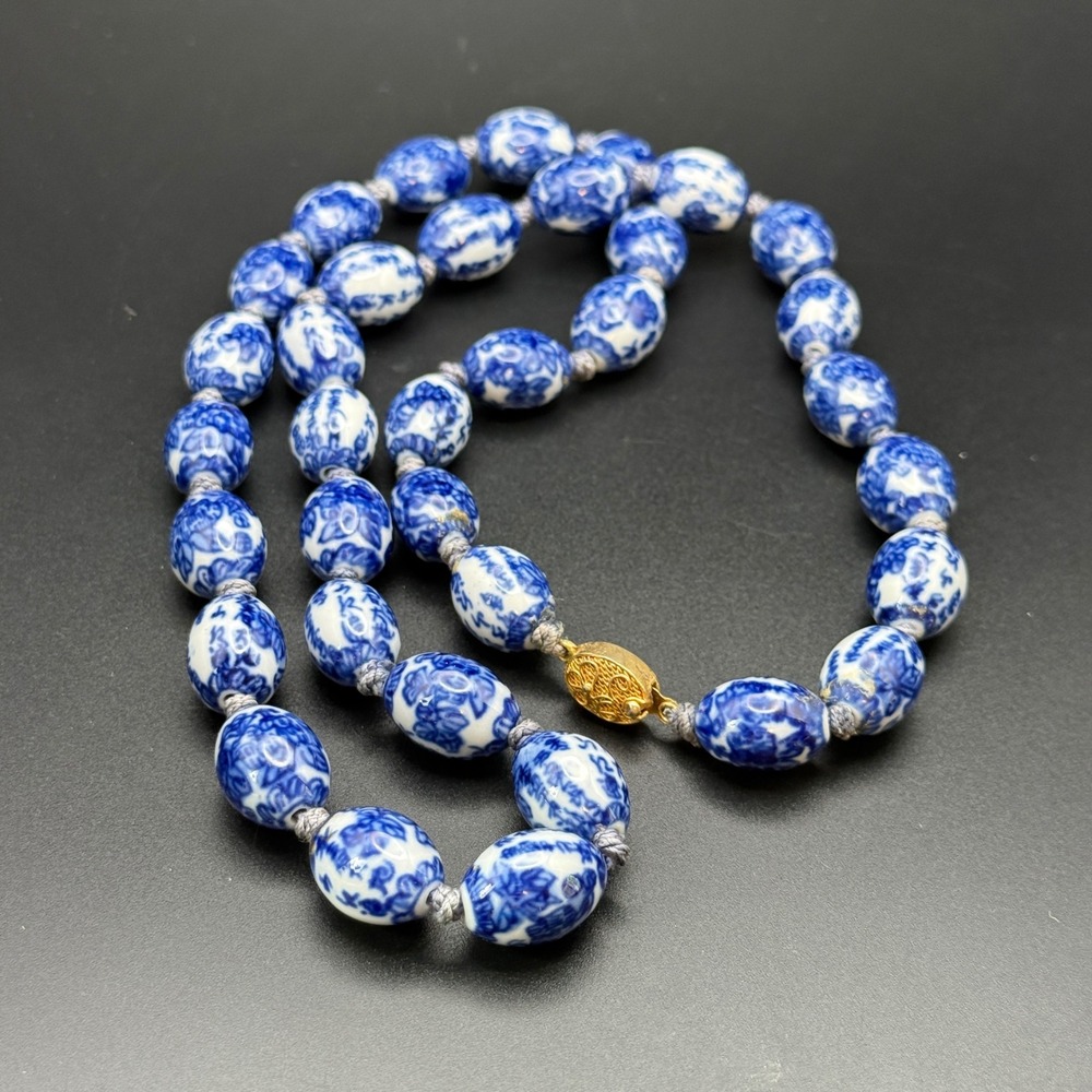 Vintage Blue White Chinoiserie Porcelain Bead Necklace 28" Knotted Cord